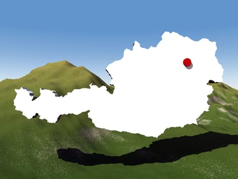 Computer-generated 3D illustration with a map of Austria in front of a mountain landscape