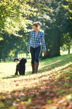 woman walking her black dog in the park on a sunny day