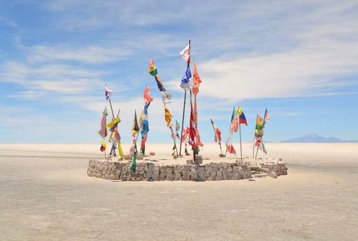 World flags in the Uyuni salt flats, Bolivia