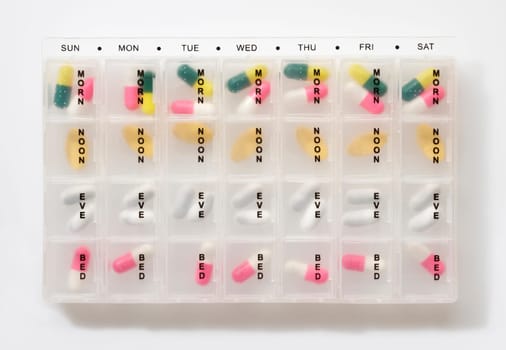 Different types of pills in a weekly dosage container