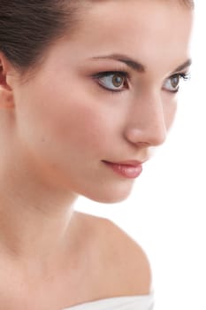 Young womans face with subtle make up and eye lash extensions
