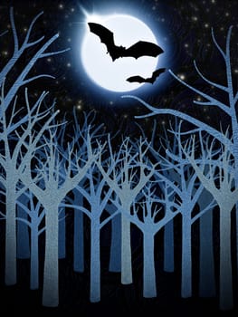 blue forest and full moon with bats
