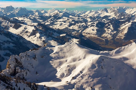 Panorama from the Stockhorn in the Simmental with a view against the Valais Alps