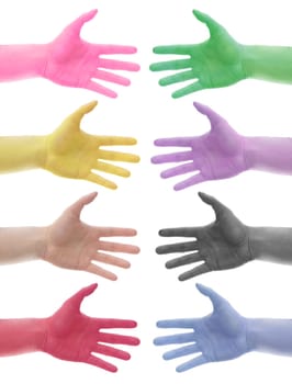eight differrent colors hands on white background