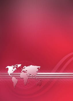 red brochure cover with world and curve lines