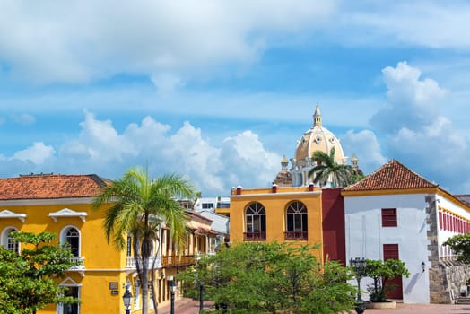 Historic colonial buildings and San Pedro Claver church in the center of Cartagena, Colombia