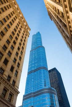 Looking up at towering skyscrapers in downtown Chicago