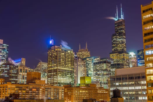 View of Chicago skyscrapers at nighttime