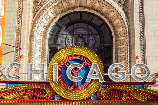Colorful facade of the historic Chicago Theater
