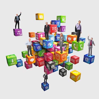 business people on abstract icons cubes