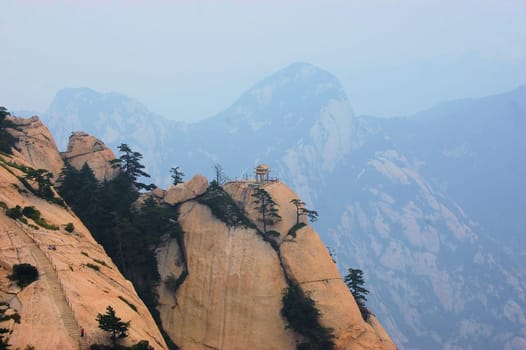chess pavilion built on the stone cliff at mountain hua,china