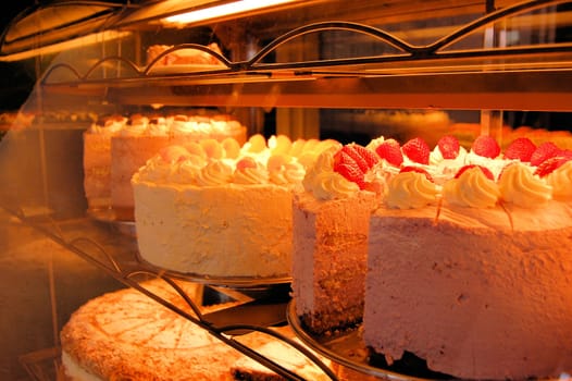 Giant German Cakes are on display in a German bakery