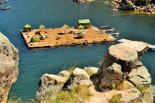 Floating Uros islands on lake Titicaca, largest high altitude lake in the world (3808m) in Peru and Bolivia.
