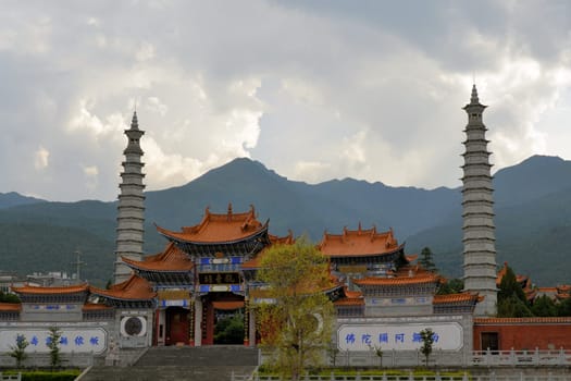 Confucius temple in front of mountains in Dali, Sichuan, China