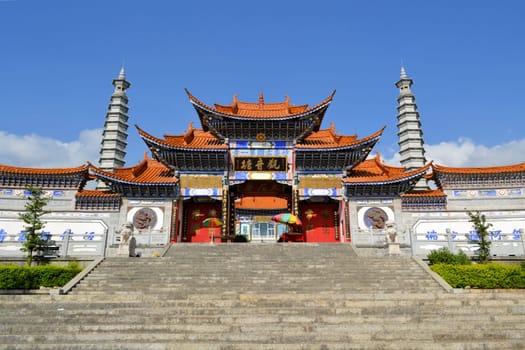 Confucius temple in front of mountains in Dali, Sichuan, China