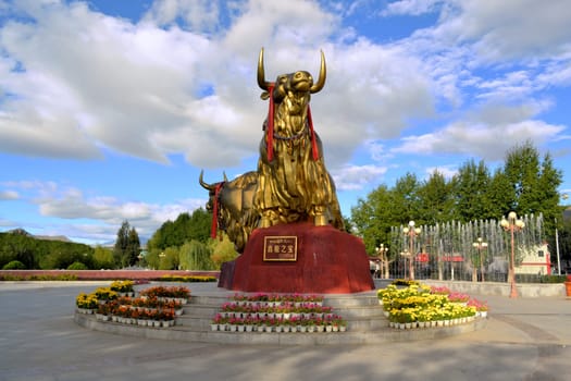 A Golden statue of two mighty Tibetan signature yaks in Tibet's capital Lhasa