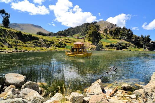 Titicaca lake reed boat often used as traditional fishing boats.