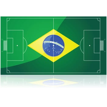 Concept illustration showing a Brazilian flag drawn over a football (soccer) pitch.