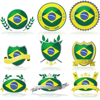 Collection of glossy badges with the flag of Brazil