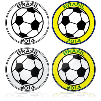 Illustration set showing four variations over a soccer ball surrounded by the words Brazil 2014 (with Portuguese spelling for Brazil).
