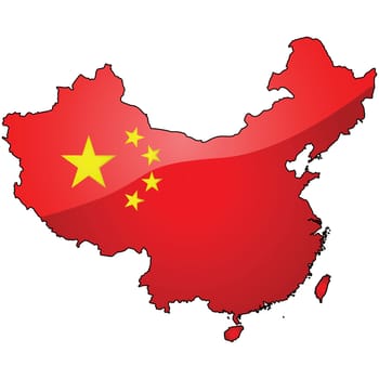 Glossy illustration showing the flag of China over the country's map
