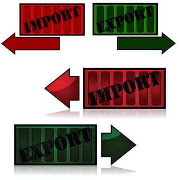 Concept illustration showing containers with the words "import"" and ""export"" and arrows beside them"