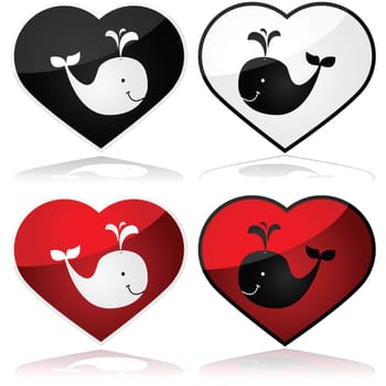 Cartoon illustration showing whales in love, with black and white variation