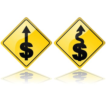 Concept traffic signs showing a straight arrow going up from a dollar sign, as well a a line with curves meaning a more treacherous way