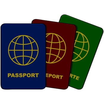 Cartoon illustration showing three passports in different colors and languages