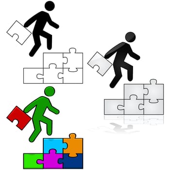 Concept illustration showing a man climbing a stair made out of puzzle pieces, while carrying the final piece to complete the puzzle