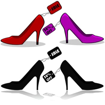 Icons showing women's shoes with tags showing they're on sale