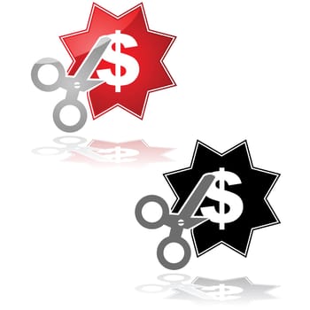 Concept illustration showing a pair of scissors cutting a tag with a dollar sign