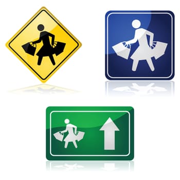 Traffic signs showing a woman carrying shopping bags