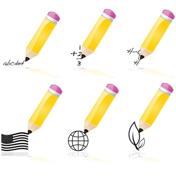 Illustration showing a pencil writing different school subjects
