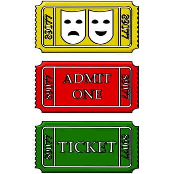 Cartoon illustration showing tickets for the movies and/or theatre