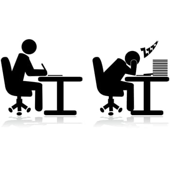 Illustration icons showing an office worker writing and another one tired and sleeping