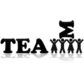 Concept illustration showing three people carrying the final letter to form the word "team"""