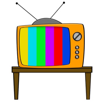 Cartoon illustration showing a vintage style television set displaying color bars