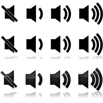 Icon set showing different volume levels for sound systems, computers, TVs...
