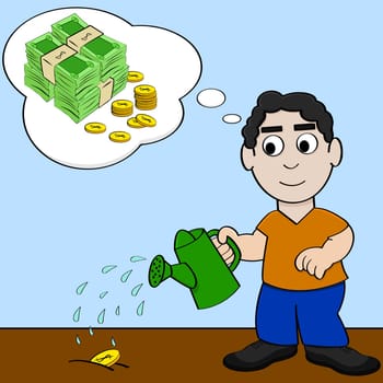 Concept cartoon illustration showing a man watering a coin and dreaming about it growing into more money