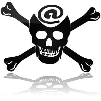 Concept illustration showing a pirate skull and bones sign with an @ symbol to represent Web piracy