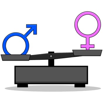 Concept illustration showing an old-style scale unbalanced with the male and female signs on opposite ends