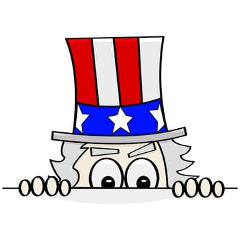 Concept cartoon illustration showing Uncle Sam sneakily looking over a wall to spy on someone else