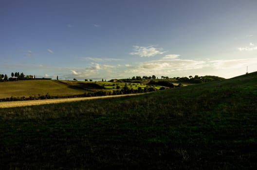Fields lightened by te sunset in tuscany countryside