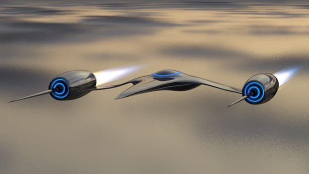 unmanned spacecraft flying over the water made in 3d