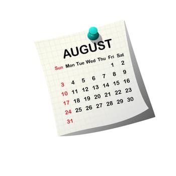 2014 paper calendar for August over white background