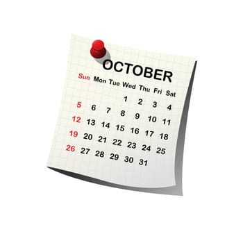 2014 paper calendar for October over white background