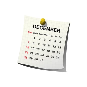 2014 paper calendar for December over white background