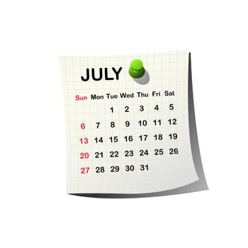2014 paper calendar for July over white background