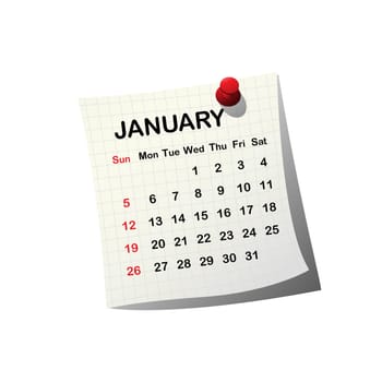 2014 paper calendar for January over white background